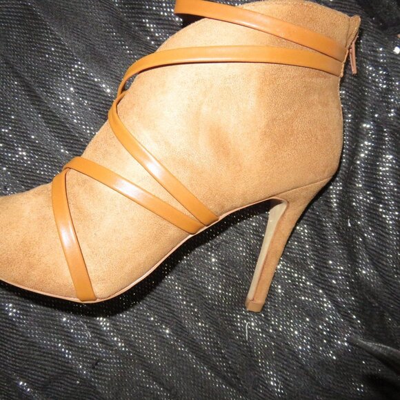 BOGO Tan Microsuede Faux Leather wrapped booties heels stilettos size 7.5 - Picture 9 of 15